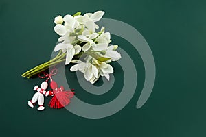 A bouquet of snowdrops flowers and a red-white martenitsa, a symbol of the holiday on March 1, Martisor, Baba Marta.