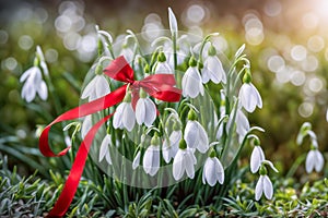 Bouquet of snowdrops tied with a red ribbon on the green grass. Martisor and Baba Marta