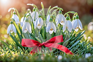 Bouquet of snowdrops tied with a red ribbon on the green grass. Symbol of Spring .Martisor and Baba Marta