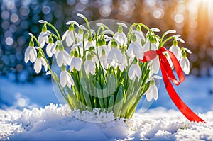 Bouquet of snowdrops is tied with a red ribbon and stands in the snow. Martisor and Baba Marta