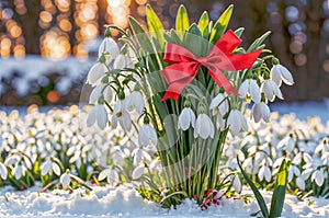 Bouquet of snowdrops is tied with a red ribbon and stands in the snow. Martisor and Baba Marta