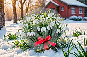 Bouquet of snowdrops is tied with a red ribbon and stands in the snow. Martisor and Baba Marta