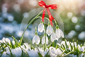 Bouquet of snowdrops is tied with a red ribbon and stands in the snow. Martisor and Baba Marta