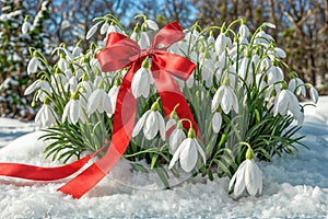 Bouquet of snowdrops is tied with a red ribbon and stands in the snow. Martisor and Baba Marta