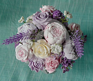 Bouquet of soap flowers in lavender tones