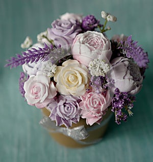 Bouquet of soap flowers in lavender tones