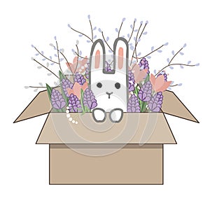 Bouquet of spring doodle hyacinths and tulip flowers in cardboard box with a sweet bunny isolated on white background