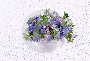 A bouquet of spring flowers on a background with water droplets