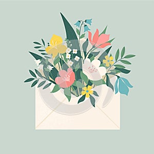 Bouquet of spring flowers inside the envelope and other decor elements. Flat design. Paper cut style. Hand drawn trendy