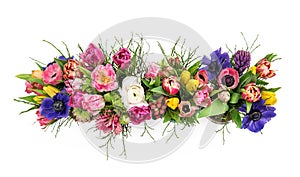 Bouquet spring flowers isolated white background Top view