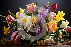 A bouquet of spring flowers with a mix of tulips, daffodils, and hyacinths on a light grey background