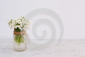 Bouquet of spring flowers of snowdrops in a glass vase on a light brick wall