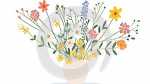 A bouquet of spring flowers in a vase. Cut meadow wildflowers. Simple frail blossoms. Flat modern illustration on white.