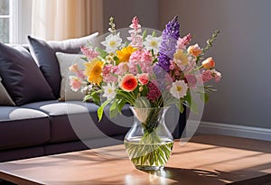 A bouquet of spring flowers in a vase on a table in the living room in the morning sun