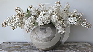 Bouquet of spring flowers, white lilac in concrete vase. Generative AI