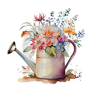 A bouquet of spring garden flowers in an iron watering can made using watercolor technique. Vintage old pot of