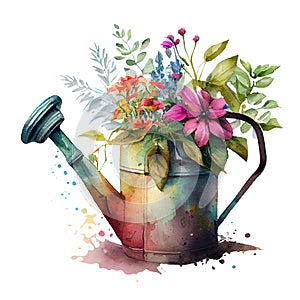 A bouquet of spring garden flowers in an iron watering can made using watercolor technique. Vintage old pot of