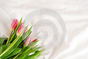 Bouquet of spring pink tulips on the messy bed, top view, copy space