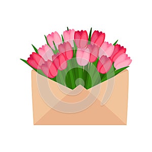 Bouquet of spring tulips in envelope. International Women`s Day. Happy mother`s day. Vector illustration