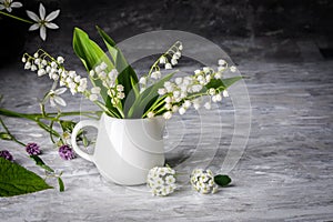 Bouquet spring white Lily of the valley. Floral still life