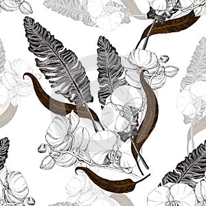 Bouquet stylized feather with flowers. Floral seamless pattern