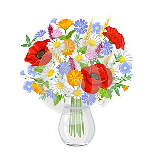 Bouquet of summer flowers in glass transparent vase isolated on white
