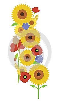 Bouquet of sunflower blossoms, poppy and poppyhead, with grain o