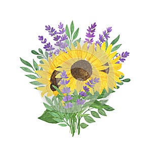 Bouquet of sunflower, lavender, leaves watercolor illustration, floral composition, summer plant arrangement symbol of French