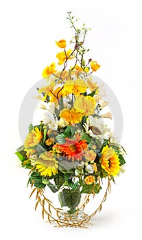 Bouquet of sunflower and vanda in glass vase