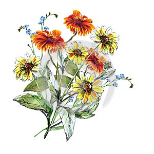 Bouquet sunflowers with chamomile and blue flower pattern