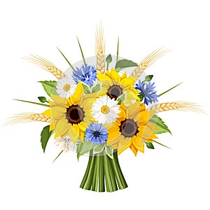 Bouquet of sunflowers, daisies, cornflowers and ears of wheat. Vector illustration.