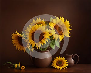 Bouquet of sunflowers in mud pot on wooden table