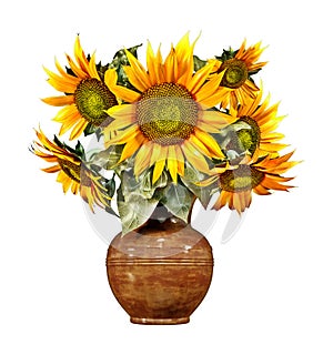 Bouquet of sunflowers in an old ceramic vase, isolated on white, summer decoration, countryside style