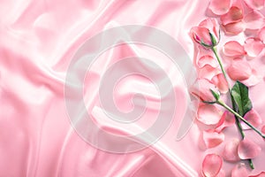 a bouquet sweet pink roses petal on soft pink silk fabric , r
