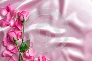 Bouquet sweet pink roses petal on soft pink silk fabric , rom