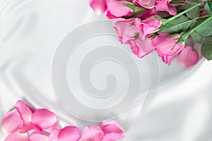 a bouquet sweet pink roses petal on soft white silk fabric ,