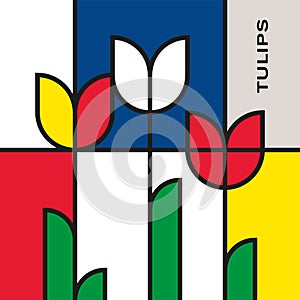 Bouquet of three colorful tulips. Modern style art with rectangular shapes.