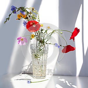 Bouquet of three red poppy flowers and different wildflowers in crystal vase with water on white table with contrast sun light and