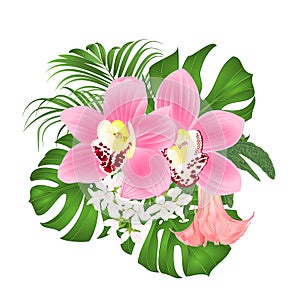 Bouquet with tropical flowers floral arrangement, with beautiful pink orchids cymbidium, palm,philodendron and Brugmansia vintag