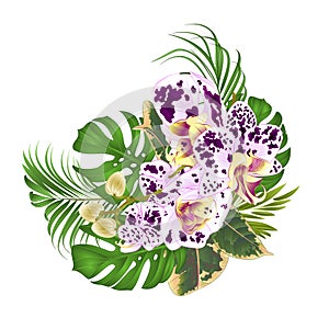 Bouquet with tropical flowers floral arrangement, with beautiful spotted purple and white orchid, palm,philodendron and ficus v