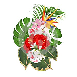 Bouquet with tropical flowers floral arrangement with beautiful Strelitzia and white and red hibiscus and orchids Cymbidium pal