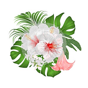 Bouquet with tropical flowers floral arrangement, with beautiful white hibiscus, palm,philodendron and Brugmansia vintage vector