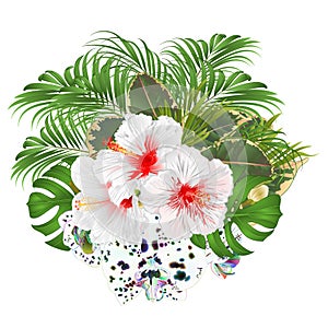 Bouquet with tropical flowers  floral arrangement, with white   hibiscus and multicolored orchid palm,philodendron  watercolor