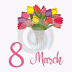 Bouquet of tulip flowers in glass vase for Mothers Day, 8 March, vector