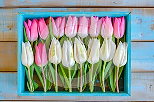 bouquet of tulips in box on a wooden background with a place for the inscription, top view