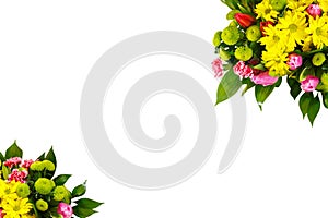 A bouquet of tulips and chrysanthemums on a white background