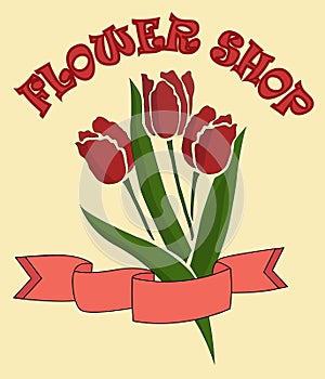 Bouquet of tulips in the flower shop. Vector.