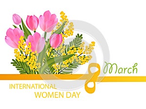 A bouquet of tulips and mimosa. figure eight ribbon. Desing for March 8 International Women`s Day with flowers. Vector