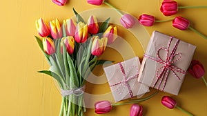 Bouquet of Tulips Next to Wrapped Present