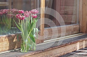 bouquet of tulips in vase in front of a bay window